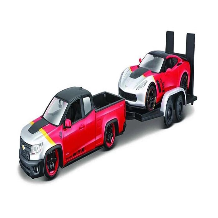 Maisto Chevrolet Colorado ZR2 Pickup Truck/Corvette Z06 with Flatbed Trailer – Red